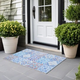 Vintage Portuguese Door Mat, Azulejo Tile Doormat for Front Door Entrance Porch, Blue and White Bath Mats for Bathroom, Retro Floral Welcome Mats for Outdoor Entryway, 17x30 Inches