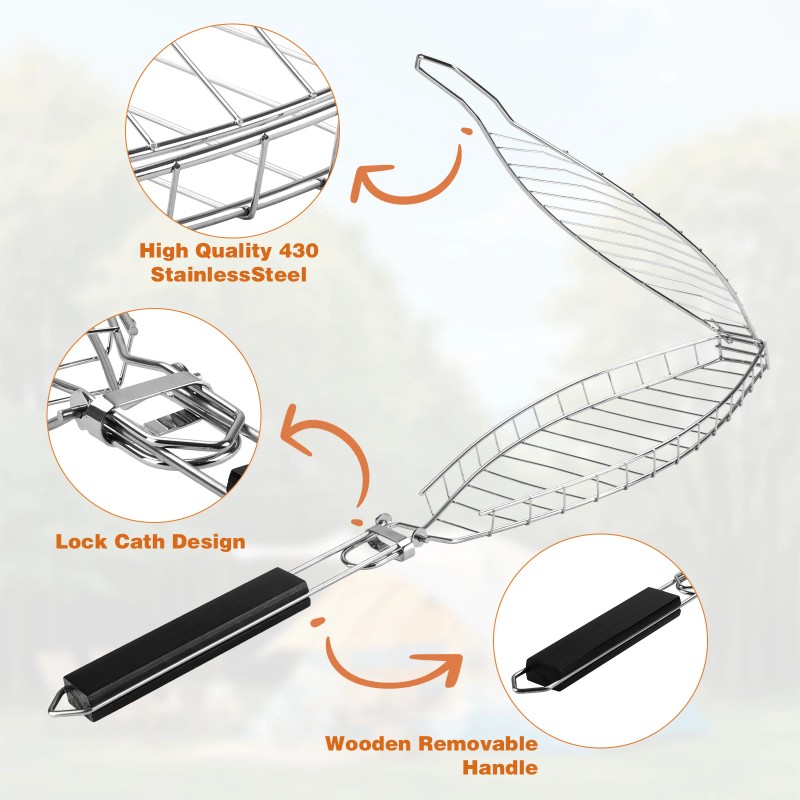 Heavy Duty 430 Stainless Steel Fish Grill Basket With Detachable
