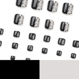 Tyuimhx Black Press on Toenails Square Fake Toe Nails With Flowers Designs Glitter Full Cover False Toenails Acrylic Stick on Toenails Reusable Artificial Toe Nails for Women Glue on Toenails 24Pcs
