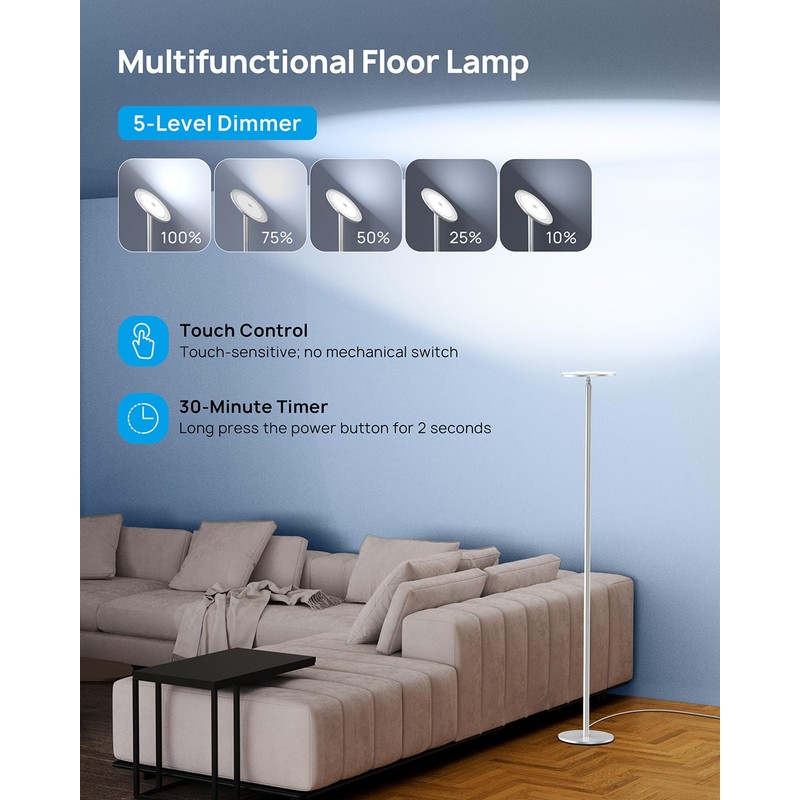 TROND Floor Lamp, LED Torchiere Uplight Lamp, 5 Brightness Aluminum