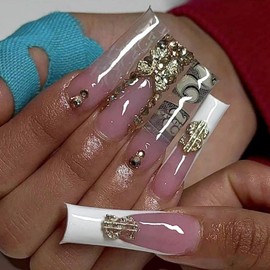 MISUD Press on Nails Extra Long Square Fake Nails Glossy Glue on Nails Pink French Tip Acrylic Nails Squoval Artificial Nails Dollar Money Rhinestone Stick on False Nails with Design 24 pcs