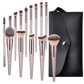 14 Brochas De Maquillaje Con Mango Madera Dorado Champán, Herramientas Belleza, Juego For Sombra Ojos Y For Base                                      