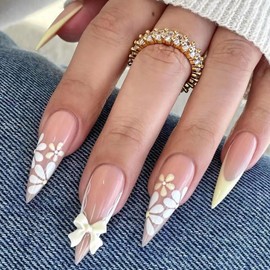 MISUD Press on Nails - Long Stiletto Fake Nails with Yellow White Flower, Acrylic French Tip Design 24 pcs