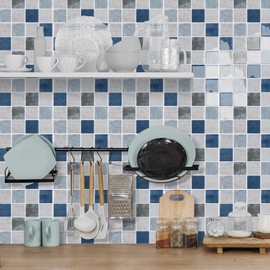 WalDecoo Square Stick on Tiles for Kitchen, 3D Mosaic Tile Stickers, Pack of 10 Peel and Stick Wall Tiles Backsplash, Blue Transfers Tile Stickers for Kitchen and Bathroom (9"x9").