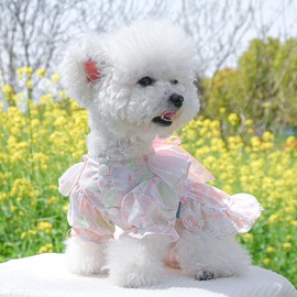 MQQYLBHDS Pink Dog Dress for Small Dog Girl Spring Puppy Clothes with Bow Puff Sleeves Cat Outfit Doggy Princess with Leash Ring Doggies Harness Dress Summer Pet Apparel (Pink, X-Small)