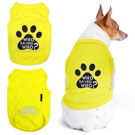 Parisian Pet Dog Tshirt - Embroidered “ Who Saved Who “ Dog Shirt - Lightweight and Skin Friendly Dog Clothes - Yellow Sleeveless Dog Tee Shirts - Machine Washable Dog Shirt for Large Dogs - XL