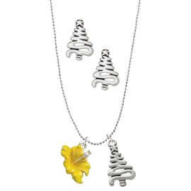 Delight Jewelry Silvertone Yellow Hibiscus Flower Silvertone Zig Zag Christmas Tree Charm Necklace and Stud Earrings