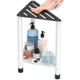 LarFaFa Stainless Steel Shower Stool for Inside Shower, 15.4'' H Shower Foot Rest, Corner Shower Stool with Storage Shelf, Shower Step for Shaving Legs, Bathroom Corner Shower Bench, White