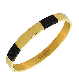Edforce Stainless Steel Black Rubber Silicone Oval-Shaped Yellow Gold-Tone Bangle Bracelet