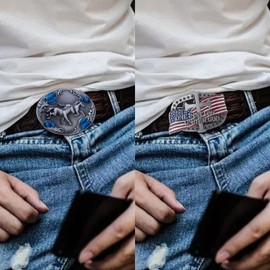 rnuie Western Cowboy Belt Buckle for Men (2 Pieces), Vintage Metal Silver Horse & American Flag Cross Buckle