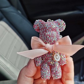 Cute Bling Bear Rear View Mirror Hanging Accessories Sparkle Hanging Ornaments Diamond Bear Charms for Car Mirror (Pink)