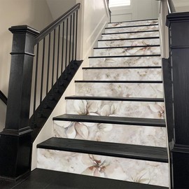 REDAMANCY Watercolor Boho Cream Sand Magnolia Florals Peel and Stick Vinyl Stair Riser Decals Staircase Tile Stickers Decor Modern Marble Decoration Self-Adhesive(14 Pcs)