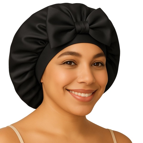 Silk Hair Bonnet with Strap for Sleeping, Double-Layer Satin Sleep