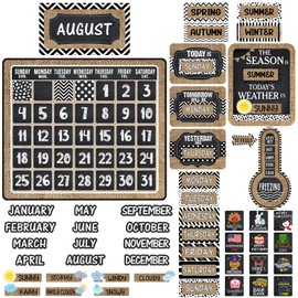 Cholemy 85 Pcs Calendar Bulletin Board Set Classroom Calendar Bulletin Board with Numbers Month Weather Classroom Decoration Wall Decor for Chalkboard Back to School Supplies(Rustic)