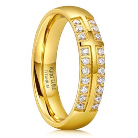 King Will Men's Titanium Gold Wedding Band - 5mm Polished Band with Step Edges and Cross Design Featuring White Zirconia Insets Comfort Fit, Size 8
