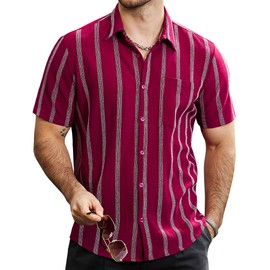 VATPAVE Mens Summer Striped Shirts Button Down Short Sleeve Vintage Beach Hawaiian Shirts with Pocket Large WineRed Fashion