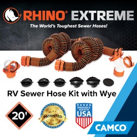 Camco RhinoEXTREME 20’ Camper/RV Sewer Hose - RV Accessories Include 360° Clear Swivel Wye Fitting & Removable 4-in-1 Adapter for Storage and Organization & More - TPE Tech for Durability (21056)