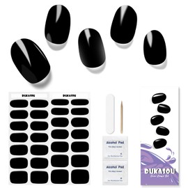 Semi Cured Gel Nail Strips, 28 pcs Black Gel Nail Stickers Full Nail Wraps for Women,Long Lasting Gel Nail Strips Work with Any UV Lamp, Easy to Apply