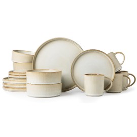 MONITO Ceramic Dinnerware 16 Pieces Dinner Set,Stoneware Plates and Bowls Sets, Highly Chip and Crack Resistant | Dishwasher & Microwave Dishes set,Gift, Bonbon Beige