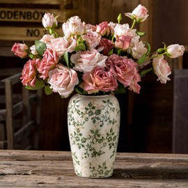 Vintage Pastoral Green and Beige Flower Vase, Ceramic Floral Vases, Retro Ice Cracked Chinoiserie Vase for Home Cottage Core Decor, Bookshelf, Office, Mantel, Wedding Rustic Table Centerpiece 8.5 Inch