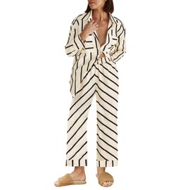 Tankaneo Womens Striped Set 2 Piece Outfits Casual Long Sleeve Button Down Shirts Drawstring Pants Loungewear Pajamas Sets, Beige, X-Large