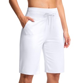 G - Bermudas graduales para mujer, con bolsillos, 10 pulgadas, hasta la rodilla, pantalones cortos largos de cintura alta para caminar, entrenamiento atlético, Blanco, XX-Large
