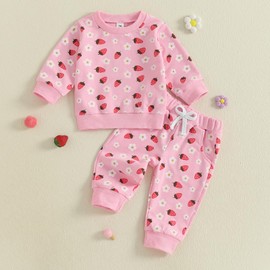 M9ppzzur7 Toddler Baby Girl Fall Outfits Strawberry Flower Print Crew Neck Long Sleeve Sweatshirt with Pants 2Pcs Set (Pink, 3-6 Months)