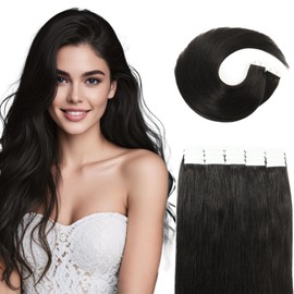 VINBAO Tape-In Real Hair Extensions, Remy Invisible Tape Extensions, Silky Straight, Real Hair Extensions, 20 Pieces, 50 g, 40 cm, Natural Black, Tape-In 16 Inches, #1B