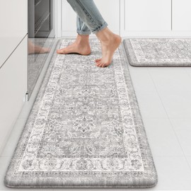 KIMODE Kitchen Mats Cushioned Anti Fatigue, Boho Floral Kitchen Rugs Sets of 2, Non Slip Kitchen Mats for Floor, Padded Kitchen Floor Mat for Sink, Laundry, Desk Grey Multi 17"x47"+17"x29"