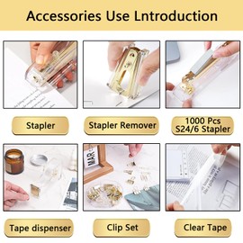 Gold Desk Accessories,Office Supplies Set,Acrylic Stapler,Tape Holder,Pen Holder,Phone Holder,Pen,Scissor,Staple Remover,Binder Clips,Ruler,ransparent Glue and Staples,Gifts for Colleagues Clerks