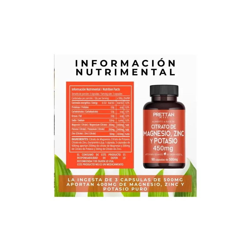 Citrato De Magnesio Zinc Y Potasio Prettan 90 Capsulas 500mg