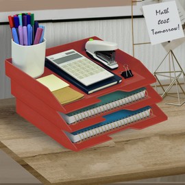 Acrimet Stackable Letter Tray 3 Tier Side Load Plastic Desktop File Organizer (Solid Red Color)