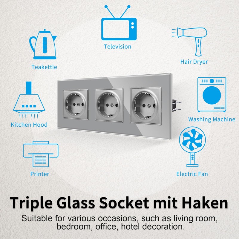 JIMEIDA Glass Socket 3 Compartments, 16 Amp Tempered Glass Panel