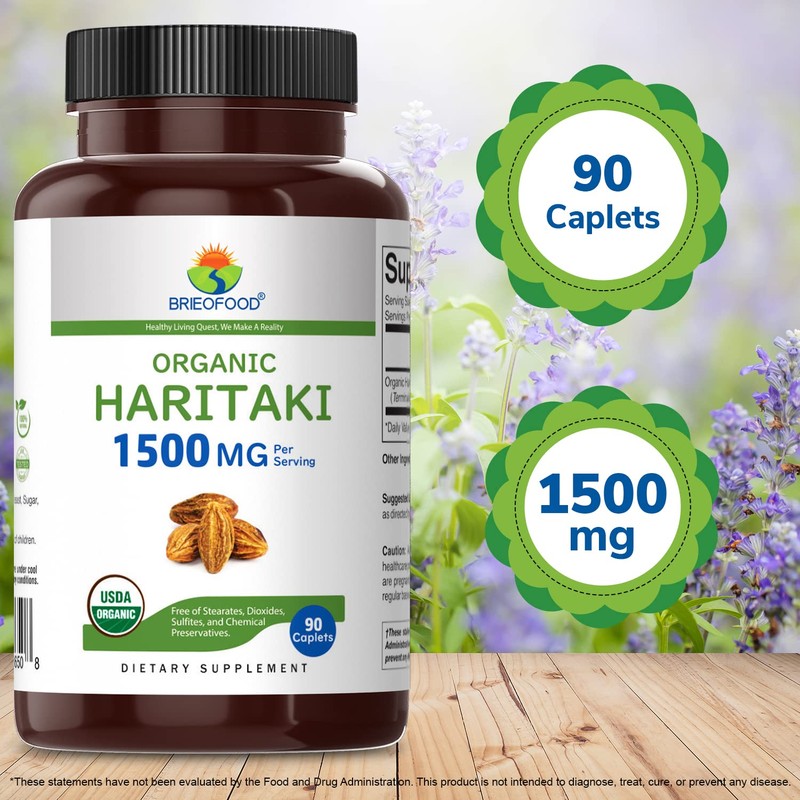 Brieofood Organic Haritaki 1500mg, 45 Servings, Vegetarian, Gluten Free, 90