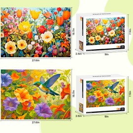 2 Pack Puzzles for Adults 1000 Pieces – 1000 Piece Hard Puzzles for Adults - Thick and Durable Hummingbirds and Flowers Jigsaw Puzzles for Family Fun Birthday Party Favors