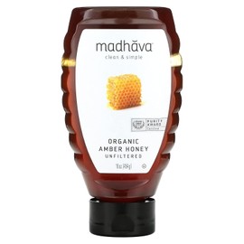 Miel orgánica ámbar MADHAVA, sin filtrar, 16 oz (paquete de 1) | Edulcorante natural, alternativa al azúcar | Miel orgánica 100% pura | Miel pura | USDA orgánica | Sin OGM | Edulcorante líquido