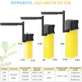 FEDOUR 10W 15W 20W Aquarium Submersible Filter, Quiet Fish Tank Internal Filter with Spray Bar, Powerful Aquarium Filter for 5-80 Gallon Tank(15W for 15-50Gallon)