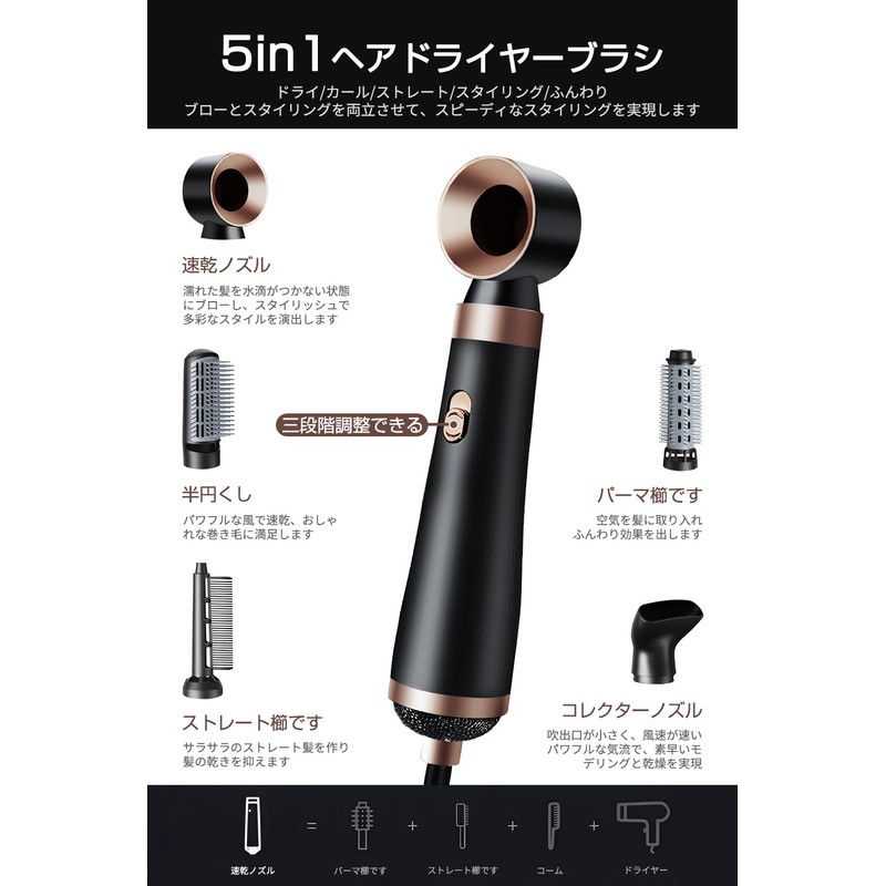 【5in1 多機能】ドライヤー 大風量 速乾 付属品5種 ヘアドライヤー カールドライヤー 3段階冷熱風量調節 くるくるドライヤー マイナスイオン