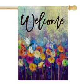 FUYUCHEN Spring House Flag Watercolor Dragonfly Floral 28×40 Inch Double Sided Outside Summer Welcome Flag Large Burlap for Seasonal Outdoor Yard Decoration