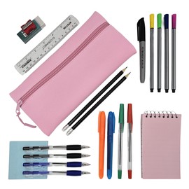 Pre Filled Pencil Case with Stationery Included | Stationary Kit | Mini Stationery Set for Office, Home or School (Pastel Pink Scuba Pencil Case)
