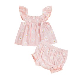 M9ppzzur7 Baby Newborn Girl Daisy Outfit Smocked Flying Sleeve Tops Elastic Waist Ruffle Shorts Cute Summer 2Pcs Clothes Set (Pink, 0-3 Months)