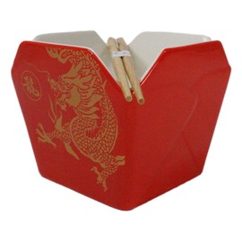 Ebros Gift Asian Takeout To Go Box Shaped Serving Bowl16Oz With Bamboo Chopsticks And Built In Rest Set Oriental Dining Rice Soup Ramen Bowls Kitchen Accent (Red And Gold 'Long' Emperor Dragon)