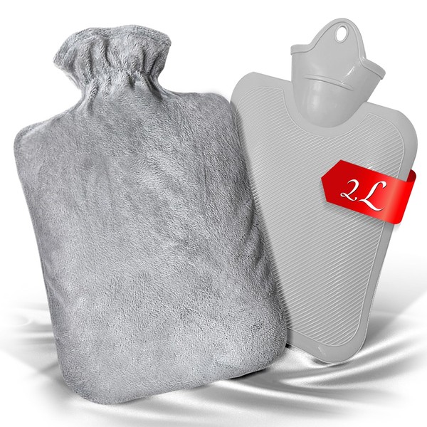 Hot Water Bottle with Soft Cover, Large Hot Water Bottle, Hot Water Bottle Cover, Bed Bottle, 2 L Large Capacity Rubber Hand Warmer for Children and Adults, Women Gift, Pain Relief (Grey)