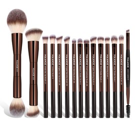 MAANGE 15 PCS Makeup Brushes Double-ended Makeup Brush Set Double Sided Angled/Round Top Brush Foundation Contour Blending Eyebrow Eyeshadow Concealer (Coffee)