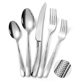 Lemeya 40-Piece Hammered Silverware Set for 8 with Serrated Forging Knives,18/10 Stainless Steel Modern Flatware Set,Unique Cutlery Set Spoons and Forks Set,Mirror Polished,Dishwasher Safe