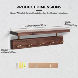 MATOOYA Shelf with Hooks, Solid Wood Bedroom Shelves for Wall, Wooden Coat Rack Wall Mount for Bathroom, Kitchen, Door Entryway (Walnut, 14.96inch/5 Hooks)