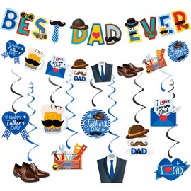 LOONELO Father's Day Hanging Banner Decorations, I Love Dad Blue Tie Banners & Foil Swirls, Thank You Daddy Hanging Ceiling Streamers Garland for Father's Day Party Backdrop Supplies