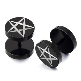 8MM Black Stainless Steel Mens Pentagram Stud Earrings, Cheater Fake Ear Plugs Gauges Illusion Tunnel 2 Pcs