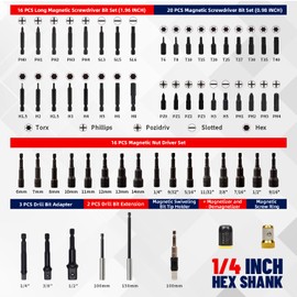 SENNMONN 60 PCS Fully Magnetic Nut Driver & Bit Set, SAE & Metric, Screwdriver Bit Set with Magnetized & Demagnetized,Torx,Hex,Phillips,Pozidriv,Slotted, Magnetic Swiveling Bit Tip Holder,Impact Ready