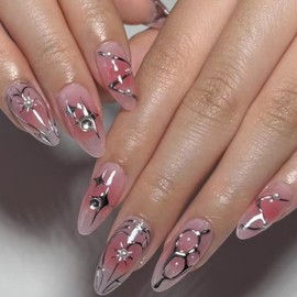 24Pcs Pink Blush Press on Nails Medium Almond Fake Nails with 3D Small Pearl Flame Star Designs Pointed Almond False Nails Silver Glitter French Fingertips Full Cover Stick on Nails for Women Manicure